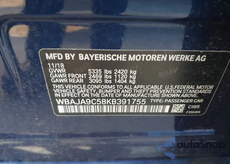 2019 BMW 530E Iperformance из США, поврежденный, VIN WBAJA9C58KB391755